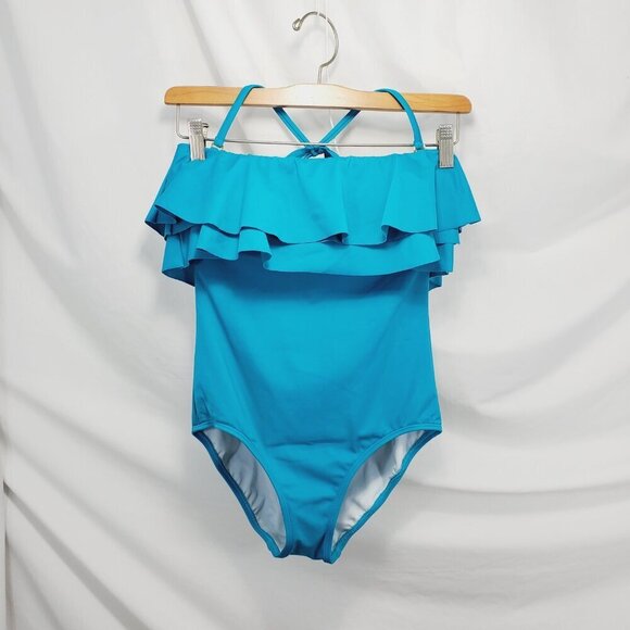 Hermosa Turquoise Ruffled One Pc Full Suit with removable strap Size S (A-5) - Picture 1 of 8